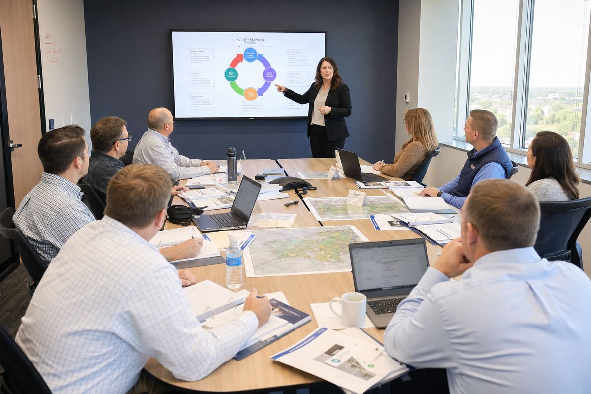 An instructor leads a tabletop exercise briefing for professionals seated around a conference table covered with site plans, binders, and laptops.