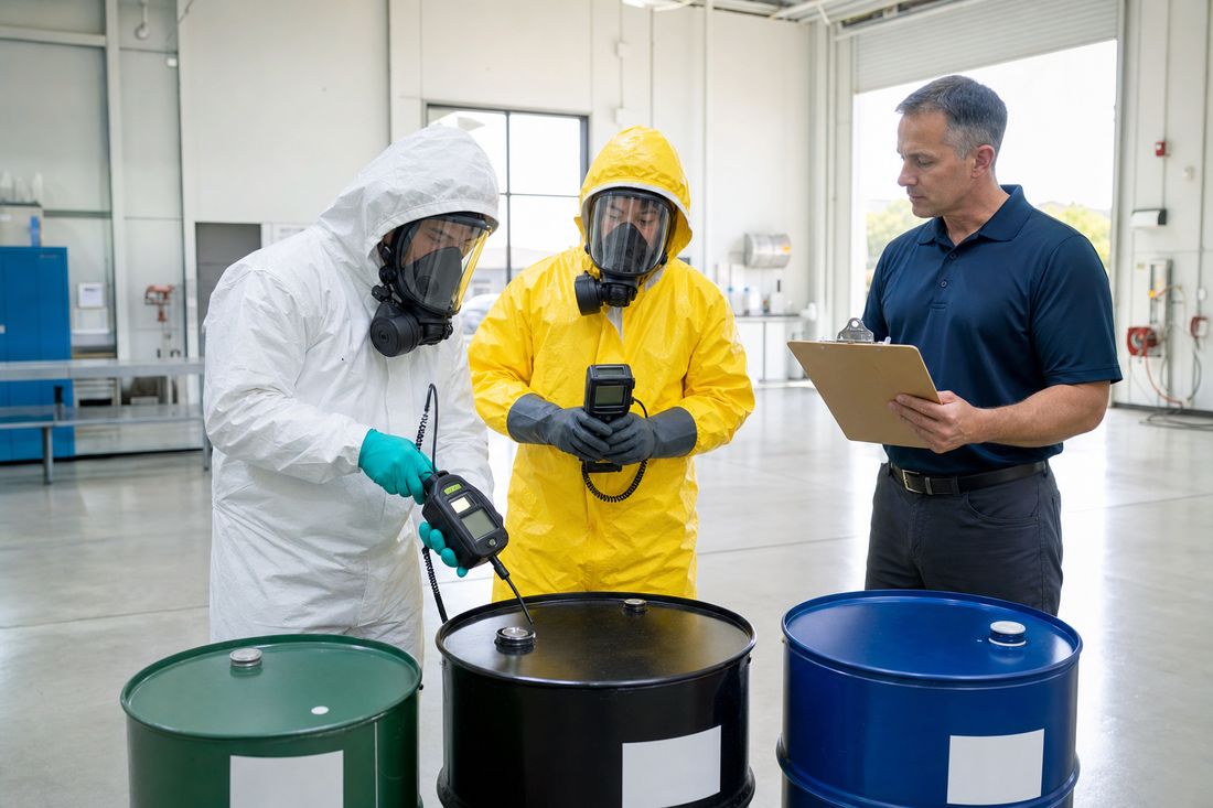 Two hazardous materials technicians in protective suits practice air monitoring on labeled drums while a civilian instructor with a clipboard observes in a clean indoor training bay.