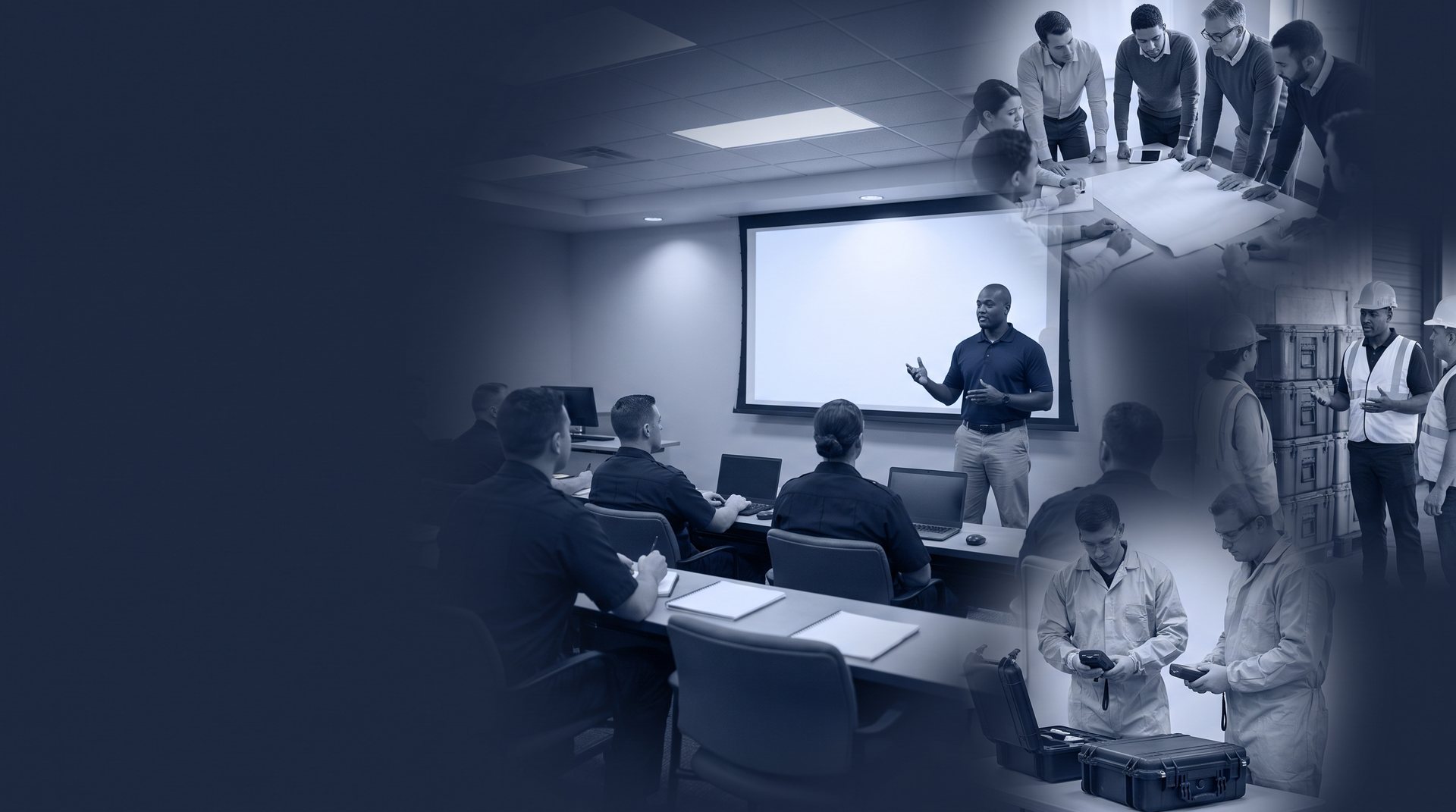 Montage of CITE TSG training environments: an instructor teaching a classroom of uniformed personnel beside a blank presentation screen, emergency management staff reviewing plans around a table, technicians practicing detection and monitoring procedures, and a safety briefing beside staged equipment.
