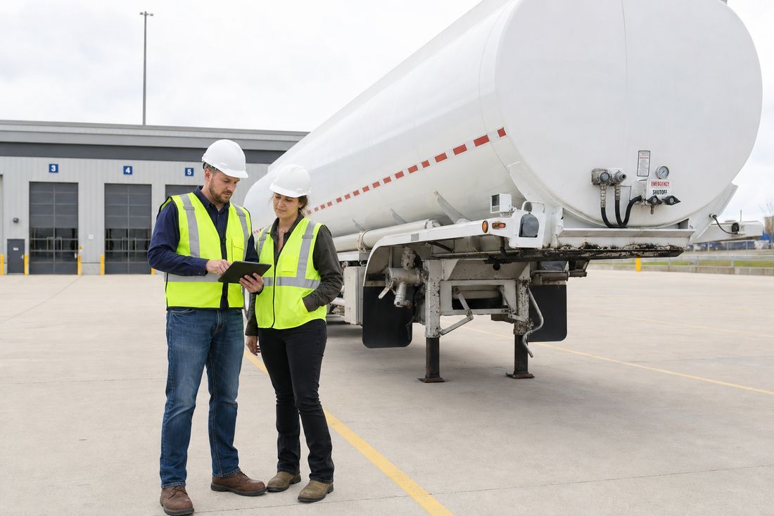 Two safety professionals in high-visibility vests and hard hats review a checklist on a tablet beside a tanker trailer at a commercial vehicle depot.